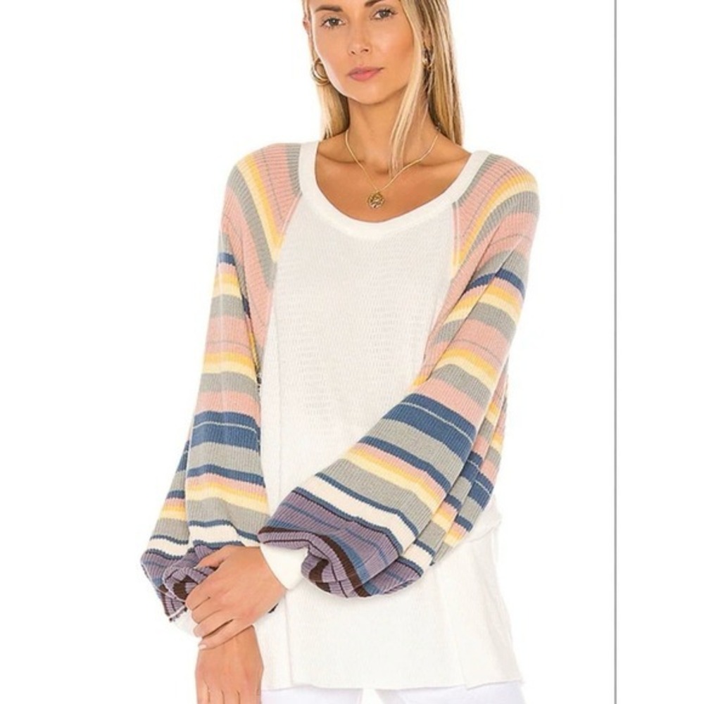 Free People We The Free White Thermal Top‎ Rainbow Balloon Sleeves Size XS